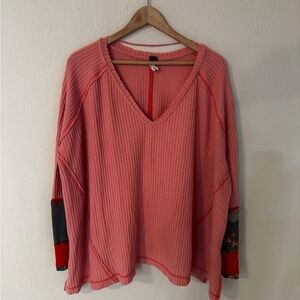 Free People Pink Ribbed 3/4 Sleeve Sweatshirt